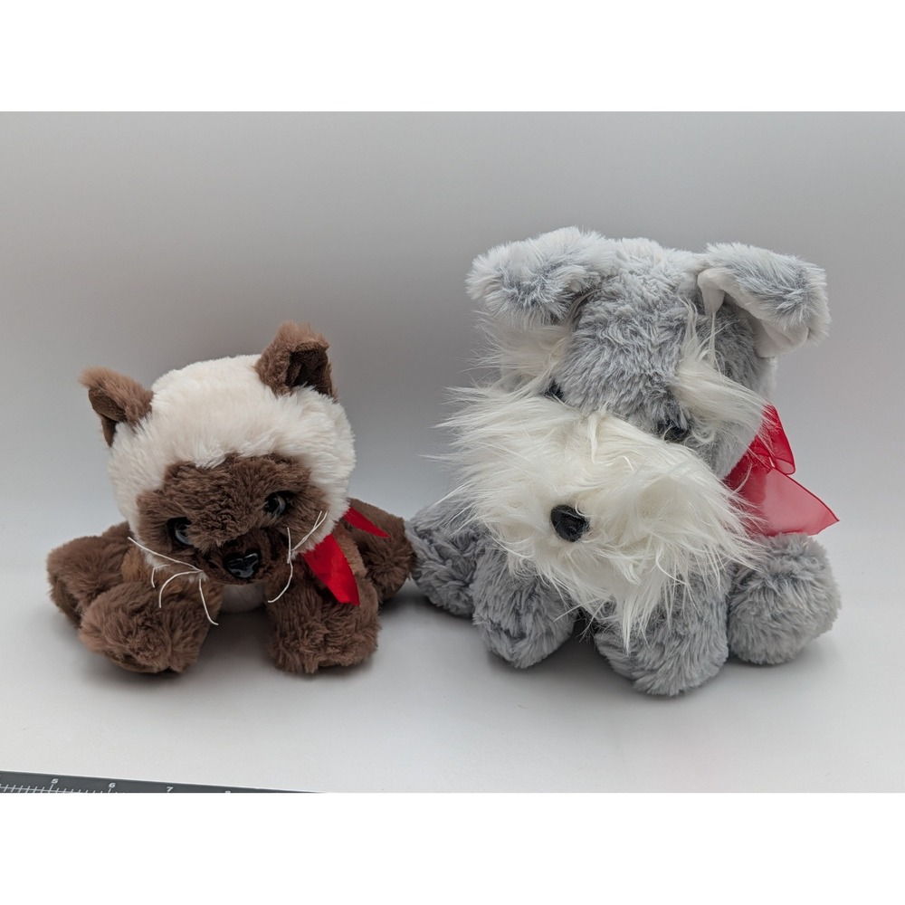Walmart Plush Animal Lot Brown Siamese Cat Gray Schnauzer Dog Red Ribbon